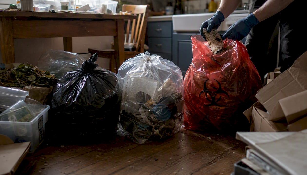 Tijdens het opruimen van het huis stonden er overal vuilniszakken in verschillende kleuren, allemaal goed gevuld.