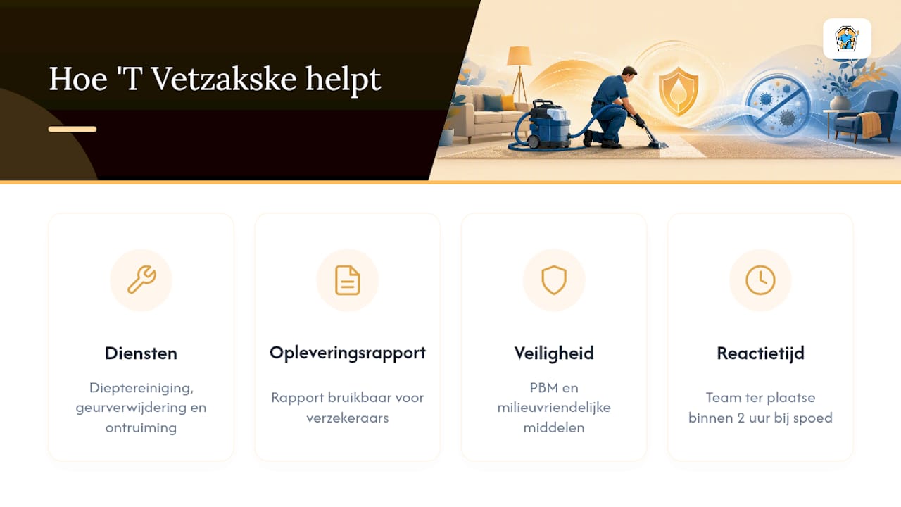 Hoe 'T Vetzakske u helpt bij diepe tapijtreiniging na een biohazard-incident — overview diagram