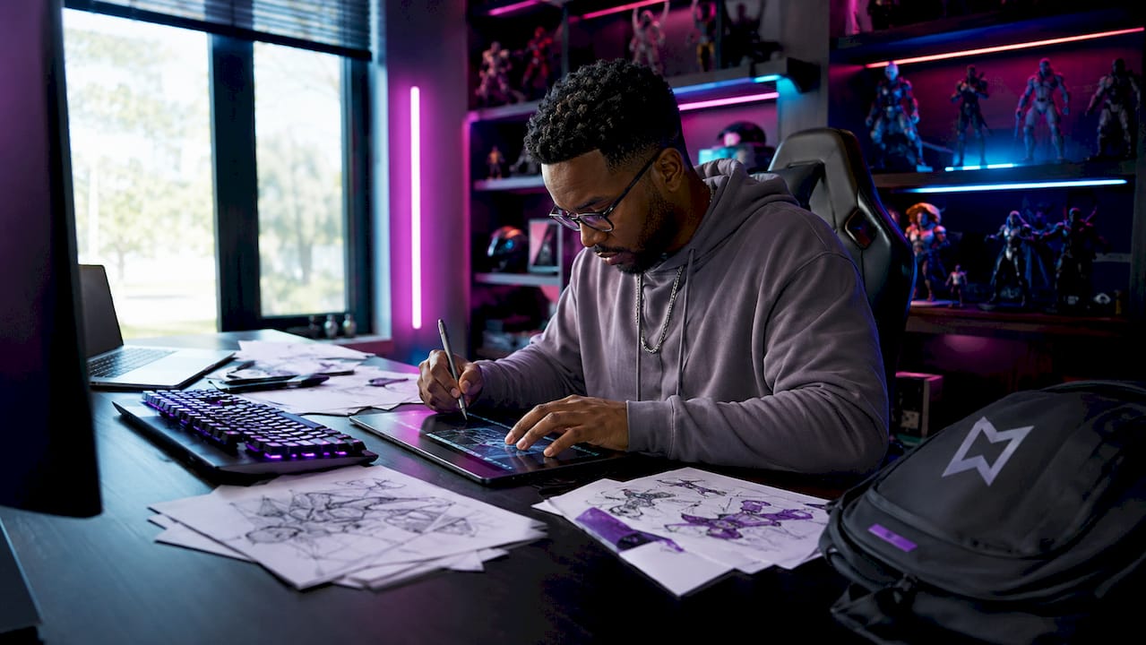 Hands adjusting digital cyberpunk stream overlay