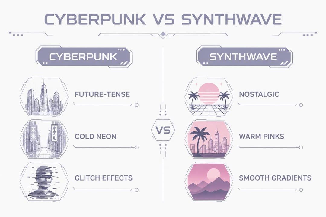 Infographic comparing cyberpunk and synthwave aesthetics