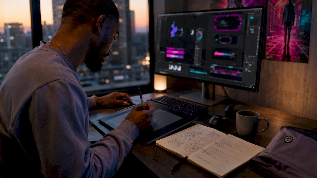Designer creating cyberpunk overlay graphics on tablet