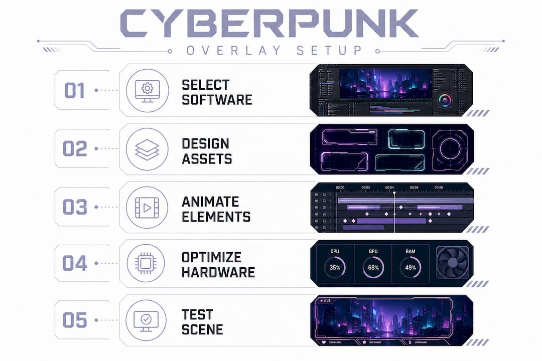Infographic illustrating cyberpunk overlay setup steps