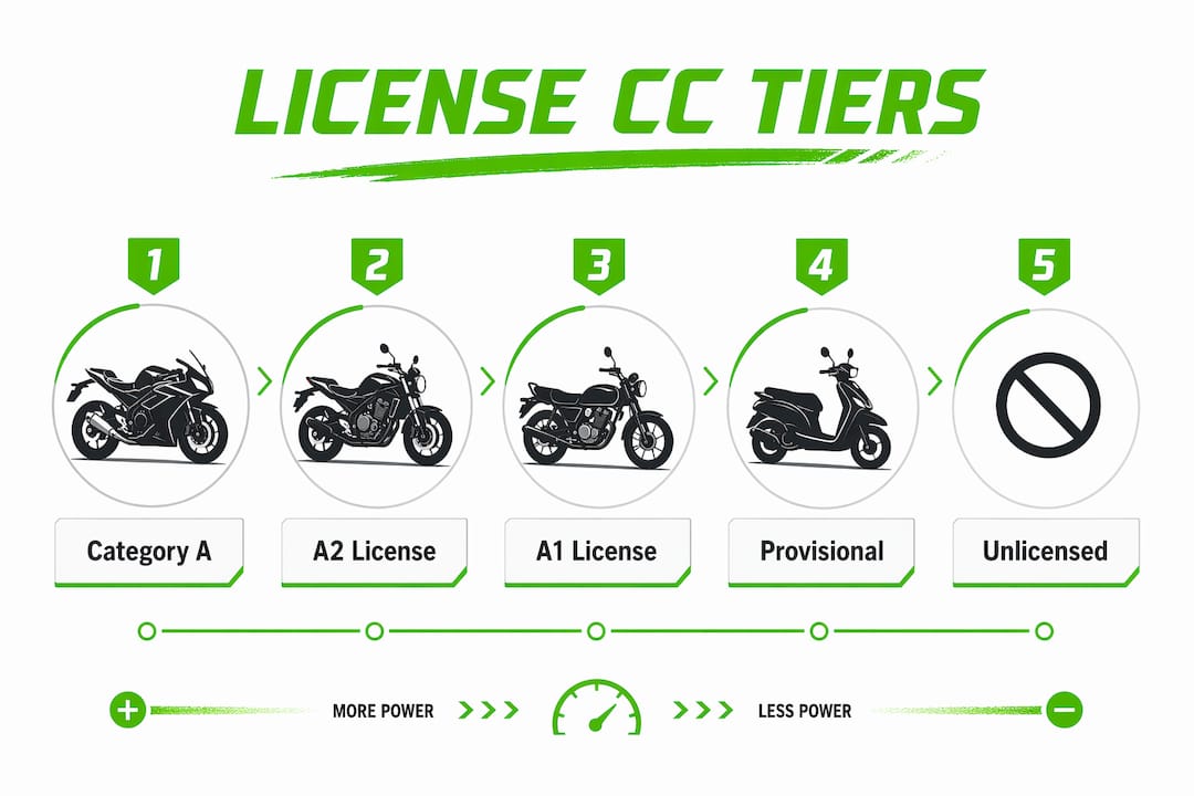 Infographic showing hierarchy of motorcycle license cc tiers