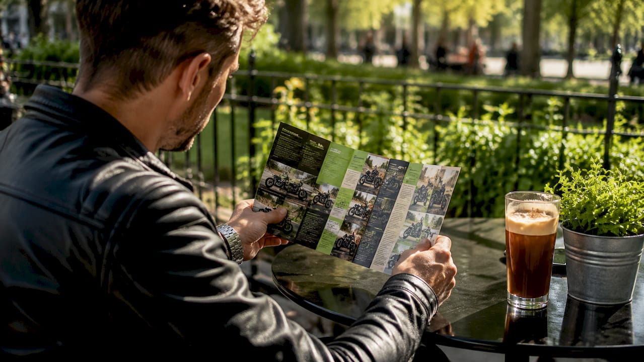 Hands reading UK motorcycle license pamphlet by coffee