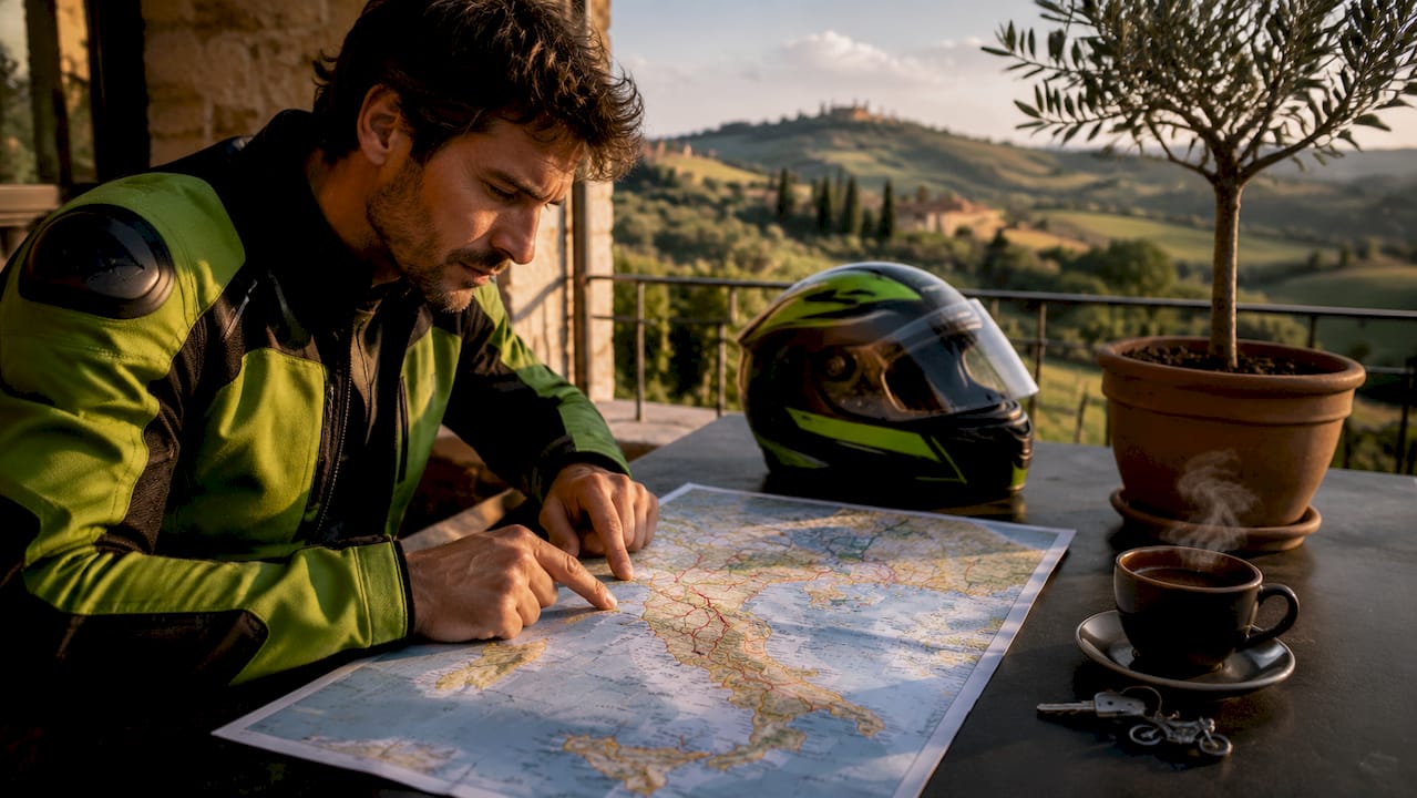Motorcyclist studying map indoors