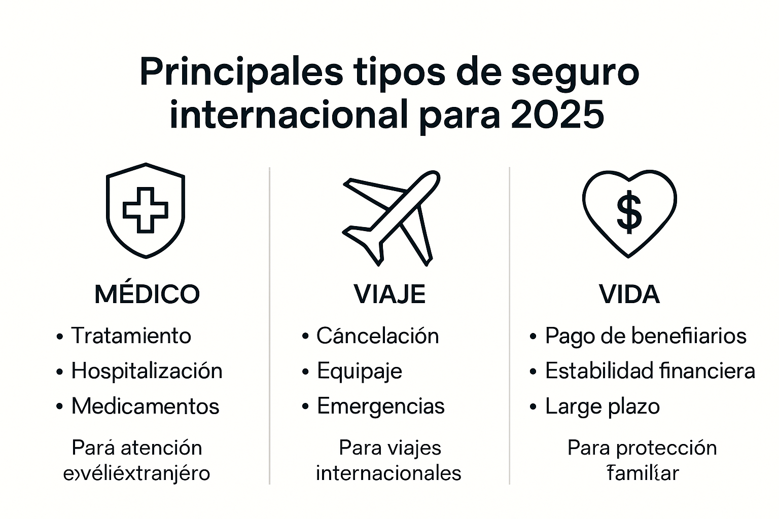 Infografía comparativa de tipos de seguro internacional 2025