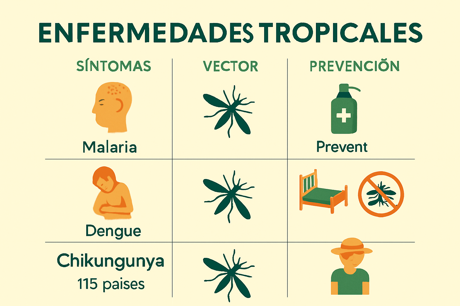Infografía de síntomas y prevención de malaria, dengue, chikungunya, zika