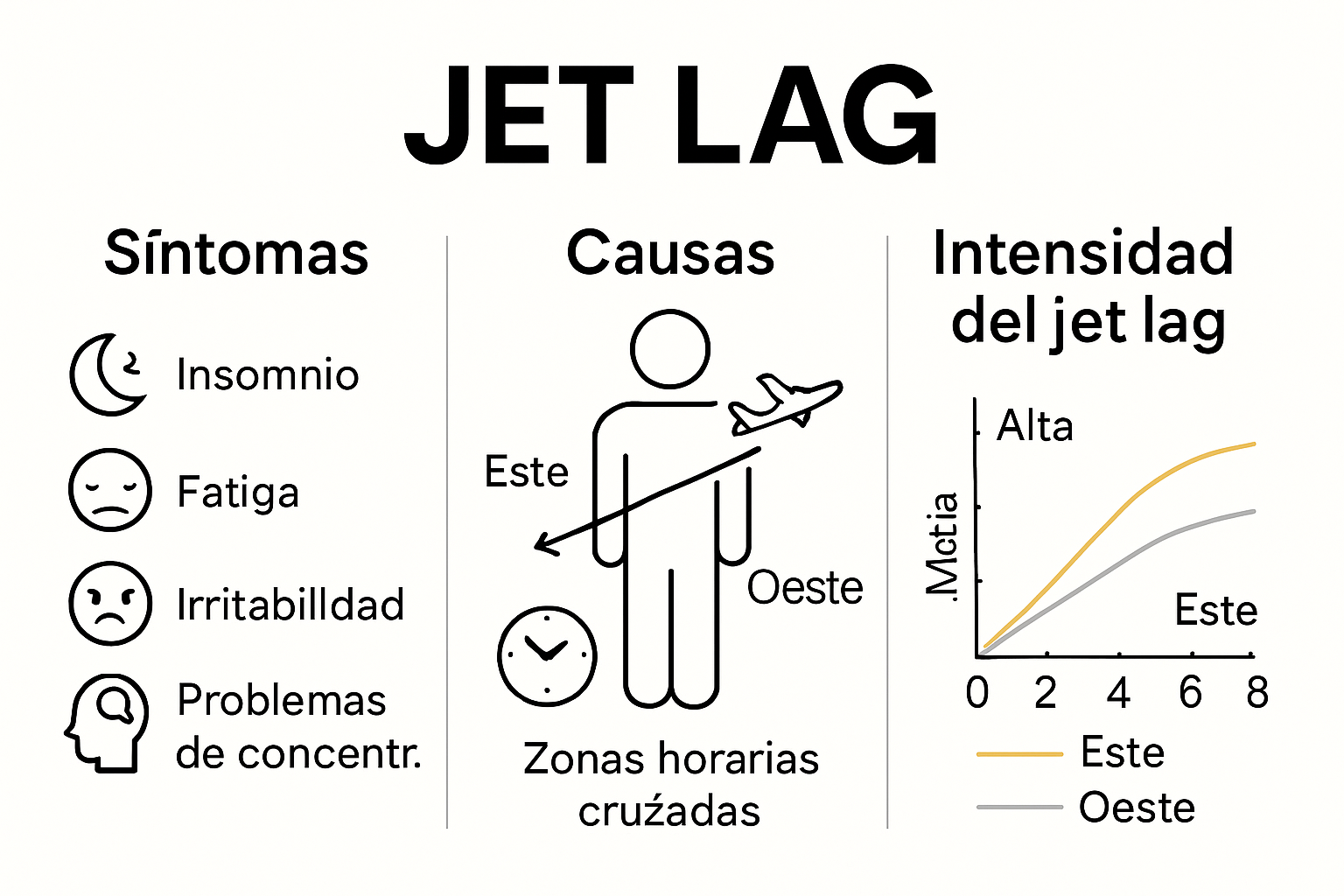 Infografía visual de síntomas y causas del jet lag