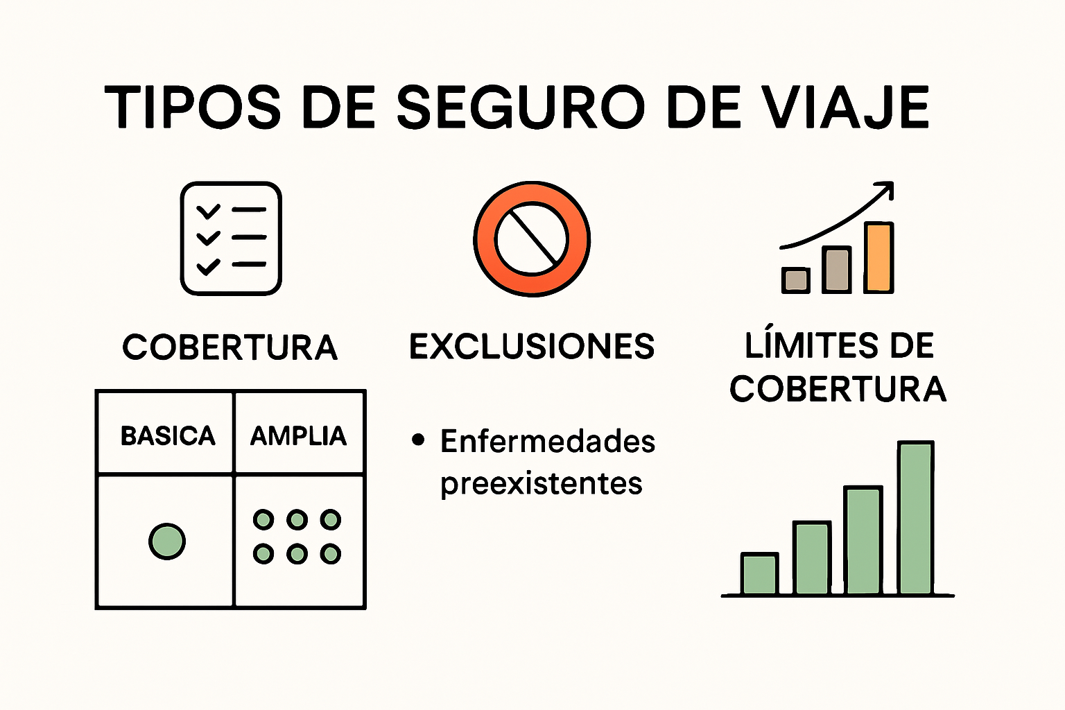 Comparación visual de tipos y coberturas de seguros de viaje internacional