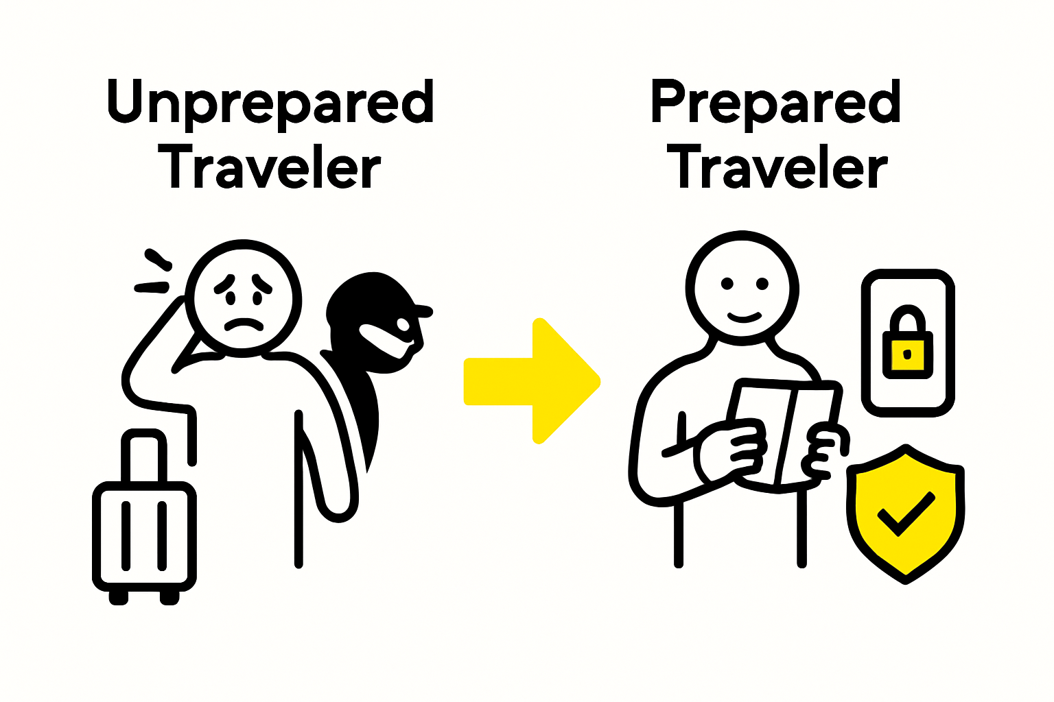 Prepared versus unprepared traveler and scam risk infographic