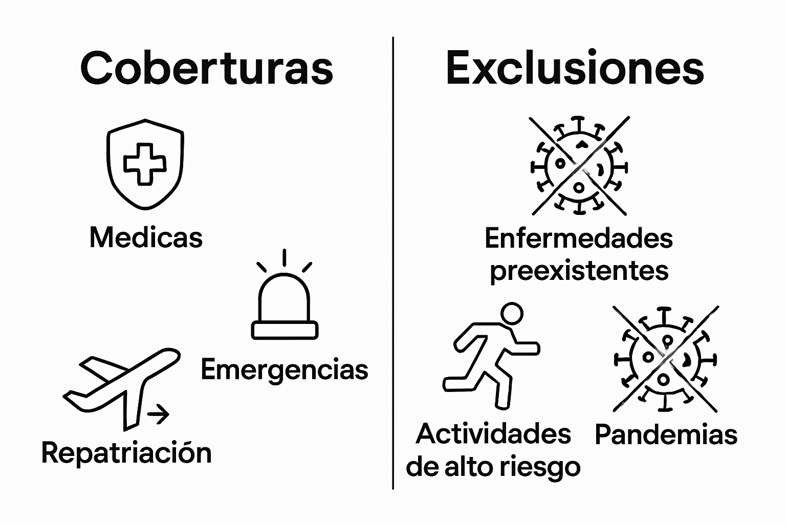 Infografía comparativa de coberturas y exclusiones del seguro de viaje para estudiantes