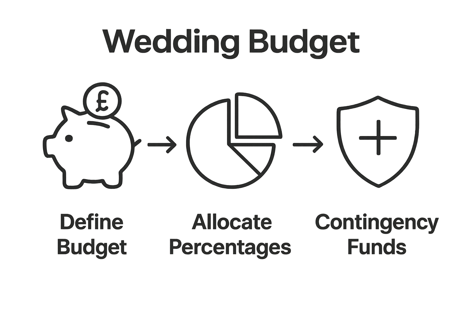 Simple wedding budget step-by-step infographic with piggy bank, pie chart, and buffer icons