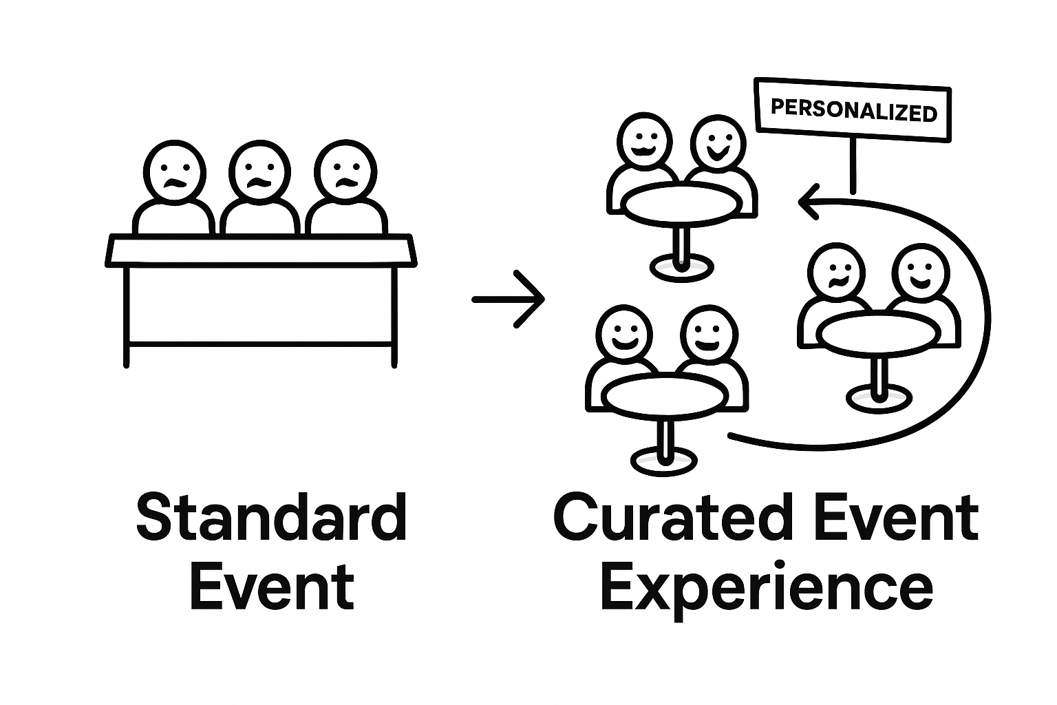 Comparison of standard event and curated event experience with simple icons.