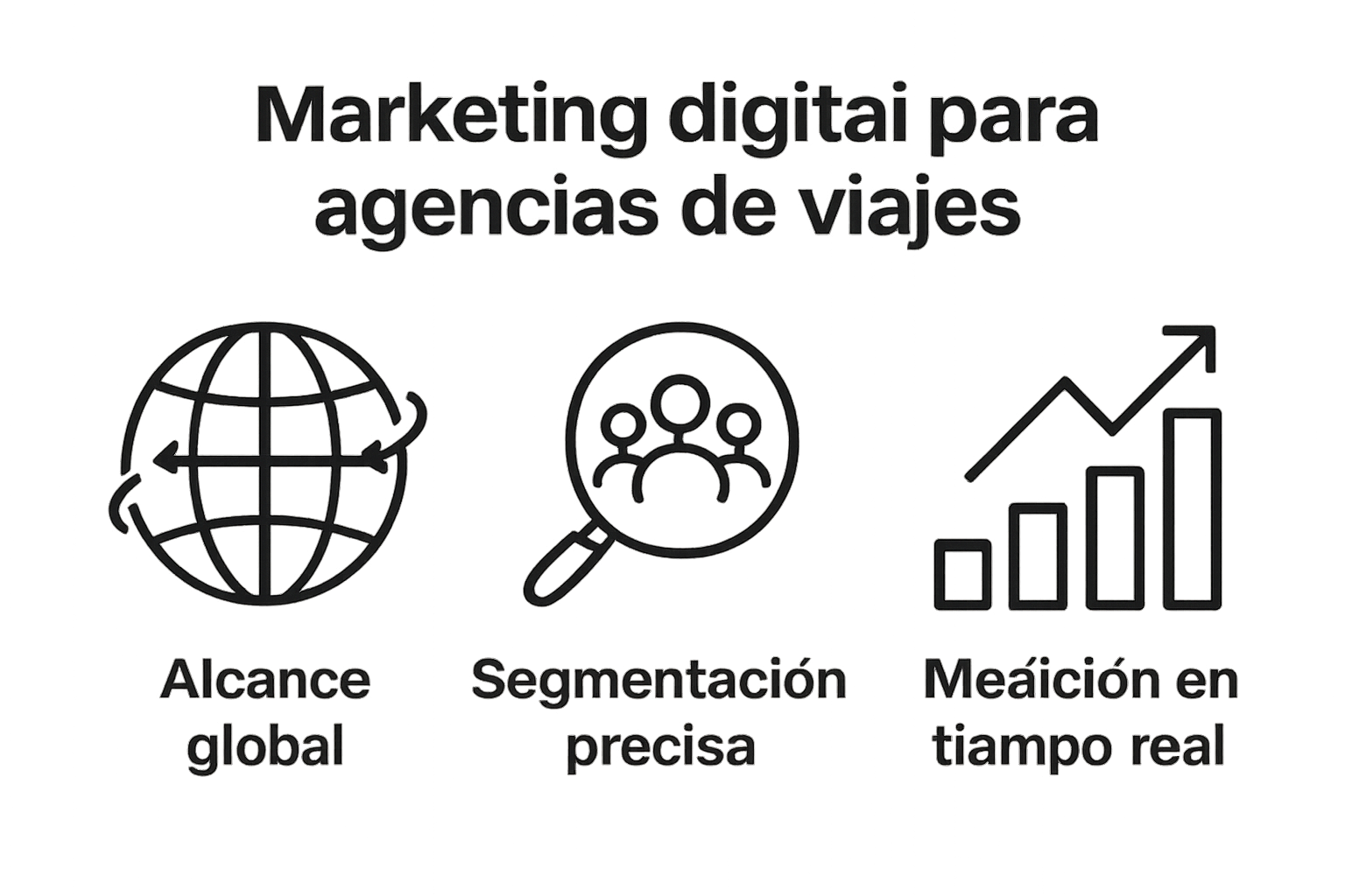 three icons illustrating key benefits of digital marketing for travel agencies