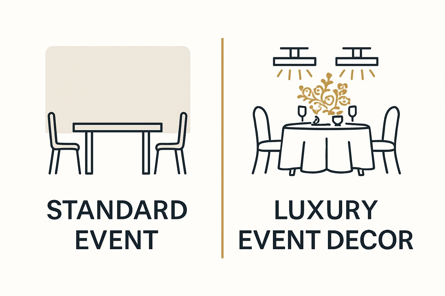 Comparison of standard event setup versus luxury event decor