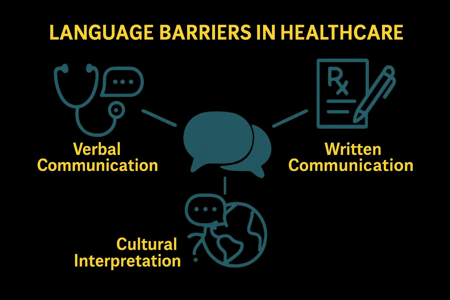 Three main types of language barriers in healthcare illustrated with icons