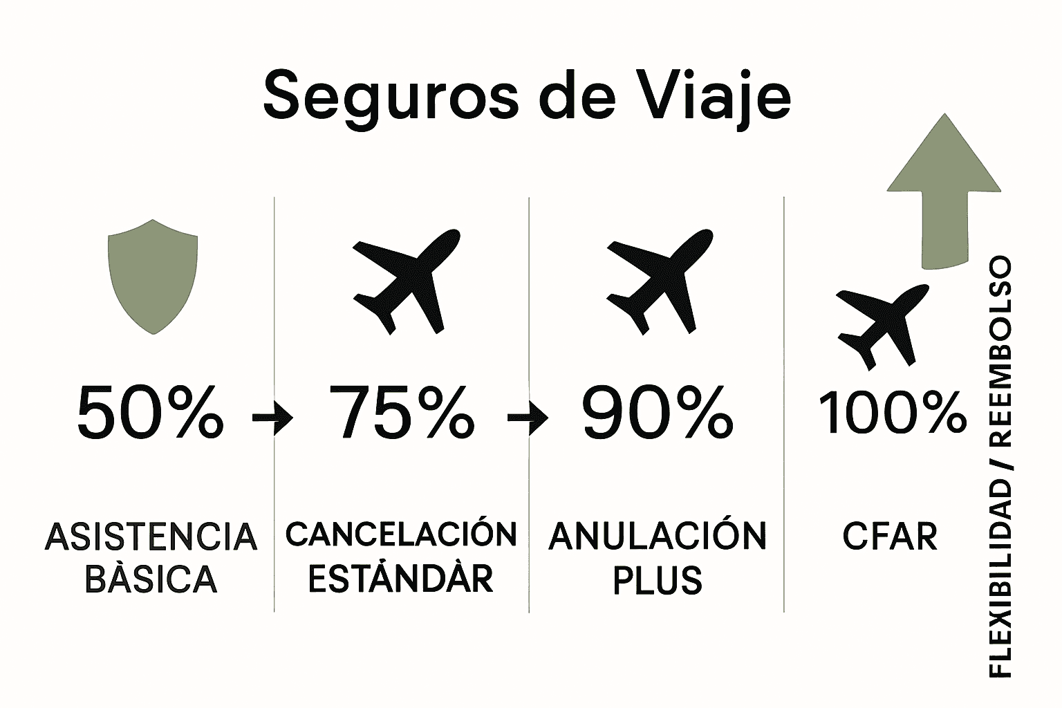 Comparativa visual de tipos de seguros de viaje y su flexibilidad de cancelación.