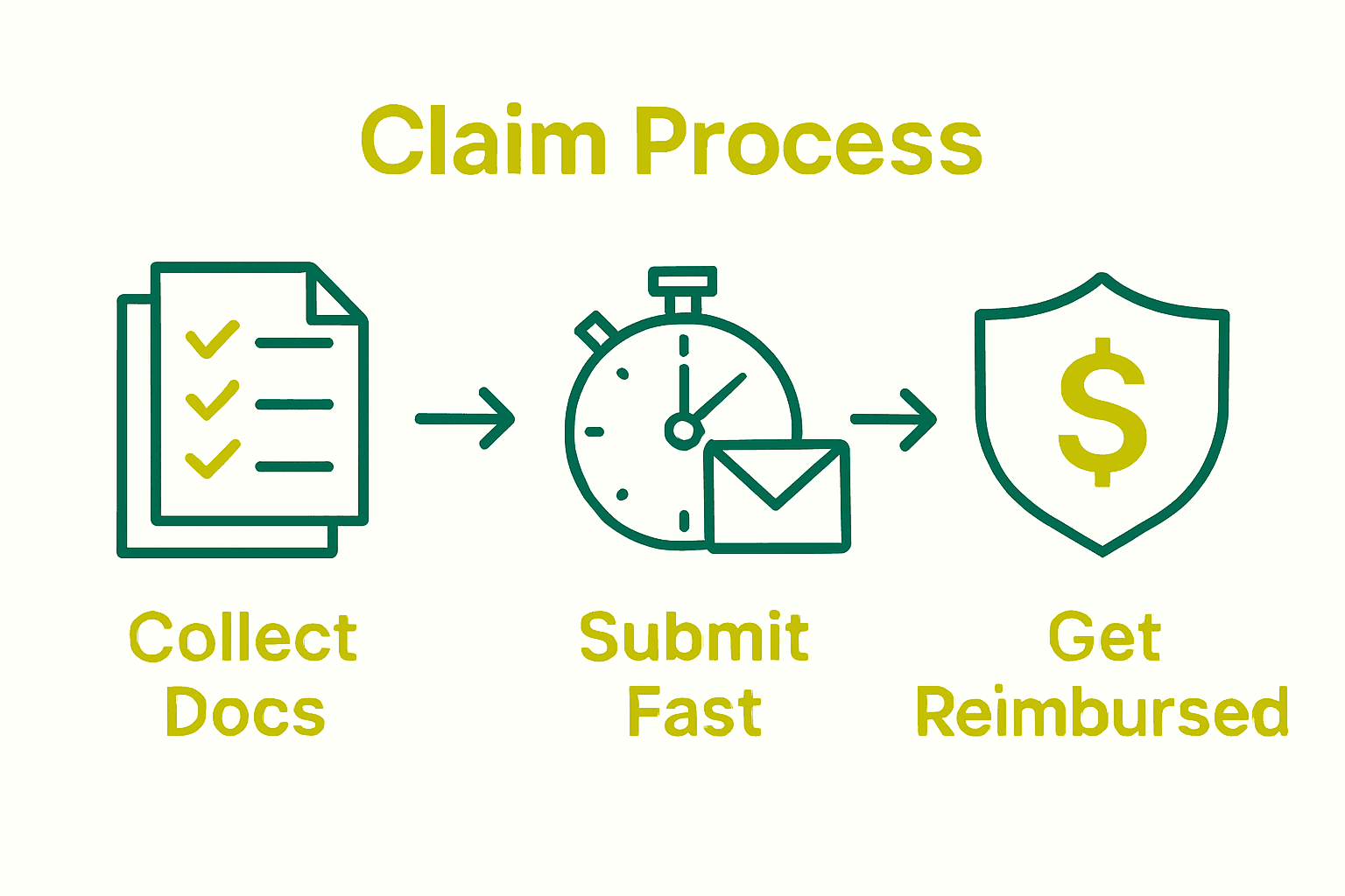 Three-step visual of travel insurance claim process showing documents, submission, and reimbursement.