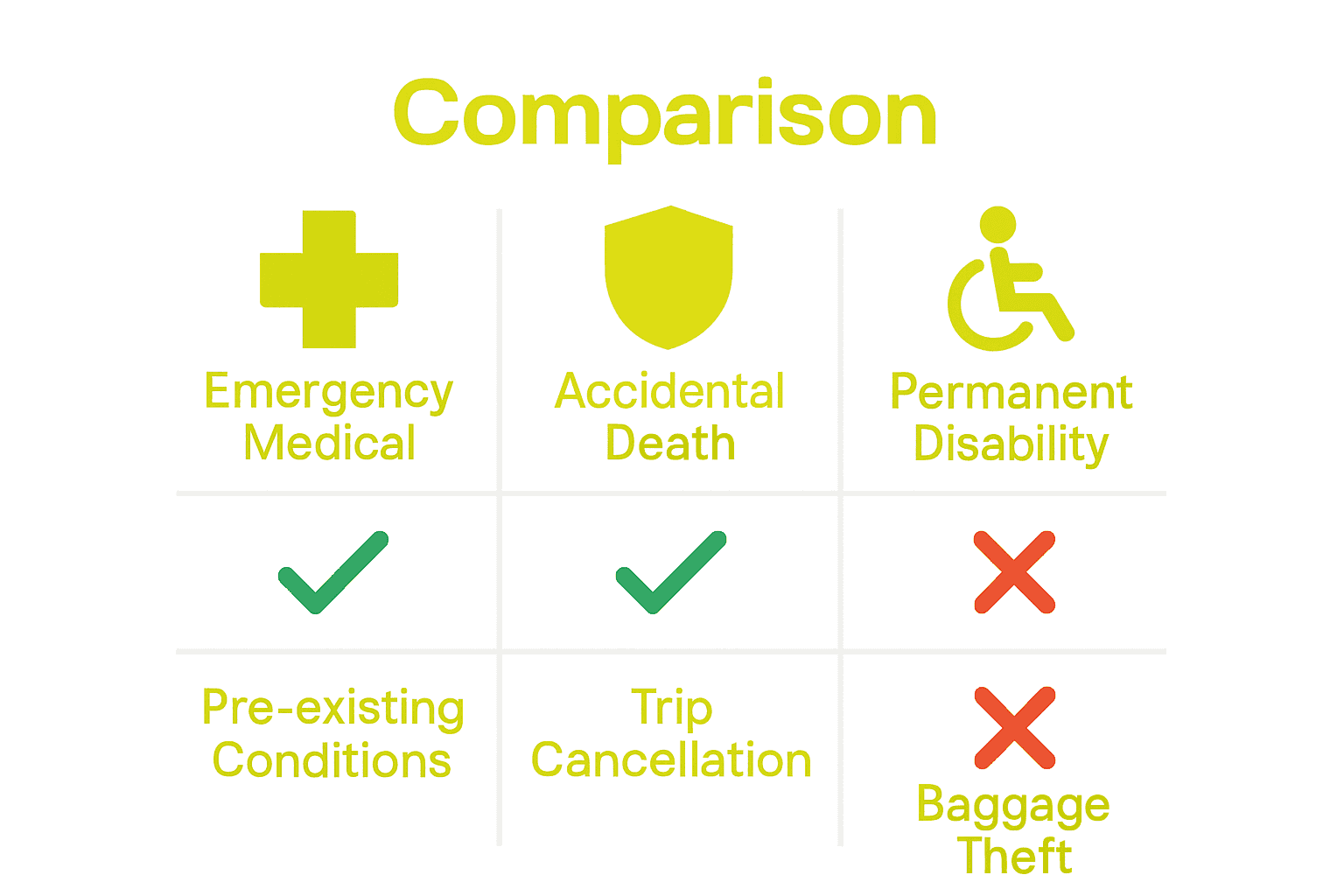 Infographic comparing what basic travel insurance covers and excludes using icons and tick marks.