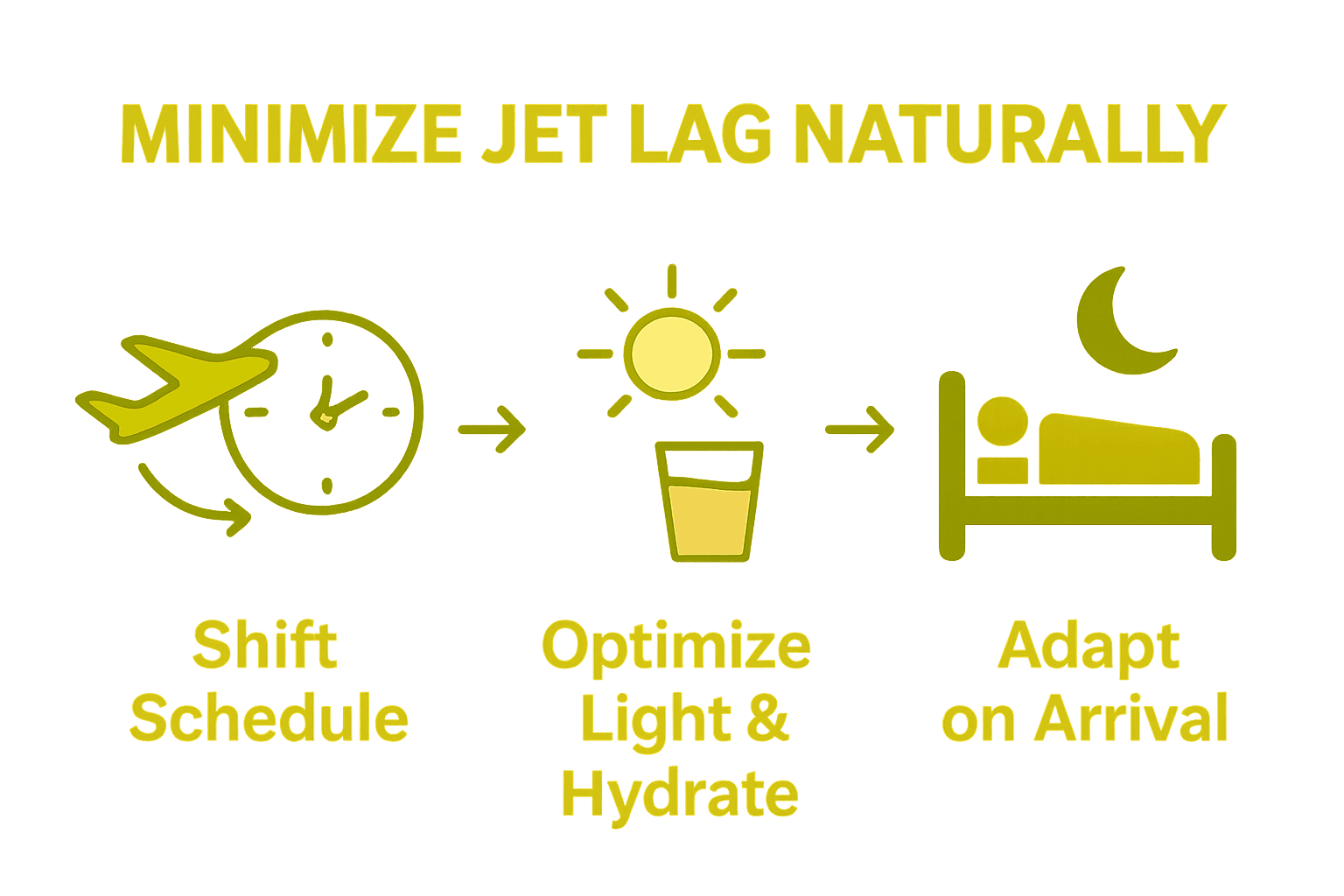 Infographic showing airplane, sunlight, water and sleep steps to reduce jet lag.