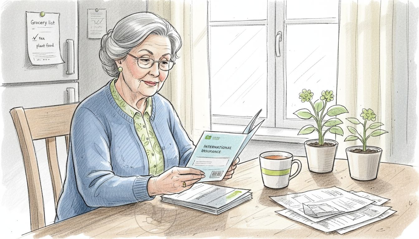 Senior woman reading insurance brochures at table