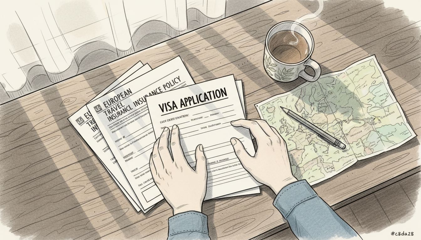 Hands organizing Schengen visa insurance papers