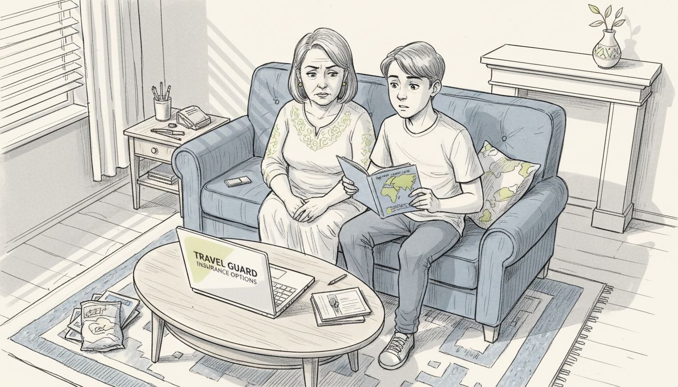 Family weighing travel insurance choices at home