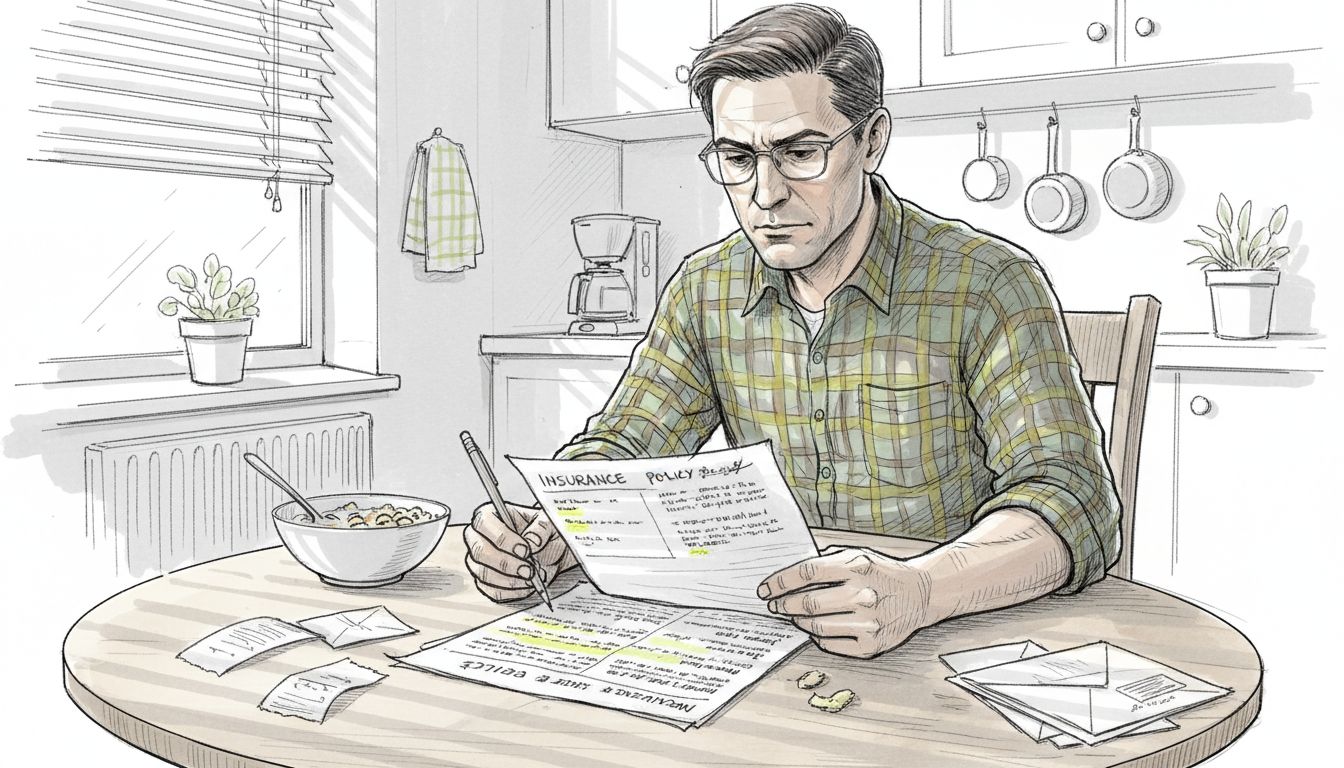 Hombre revisando póliza de seguro en casa