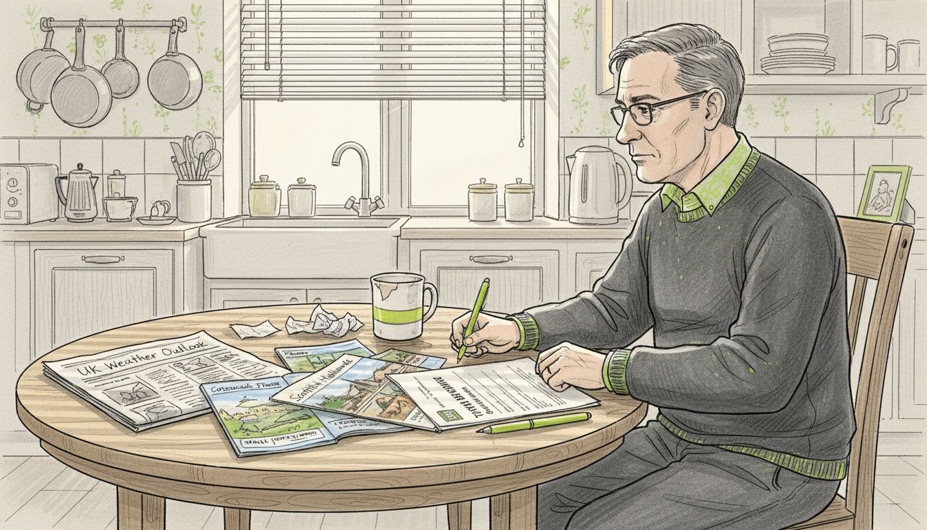 Man reading travel insurance document at kitchen table