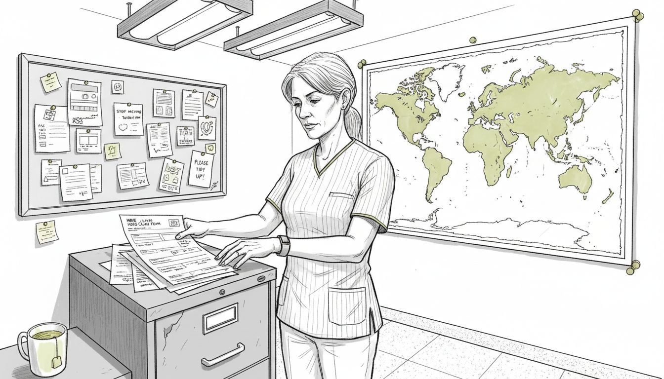 Physician sorting global medical insurance forms