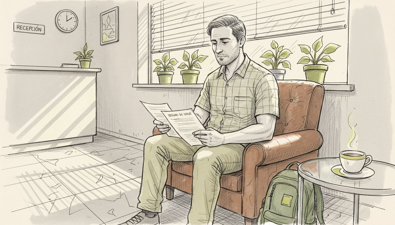 Una persona revisa los documentos de su seguro mientras espera en el lobby del hotel.