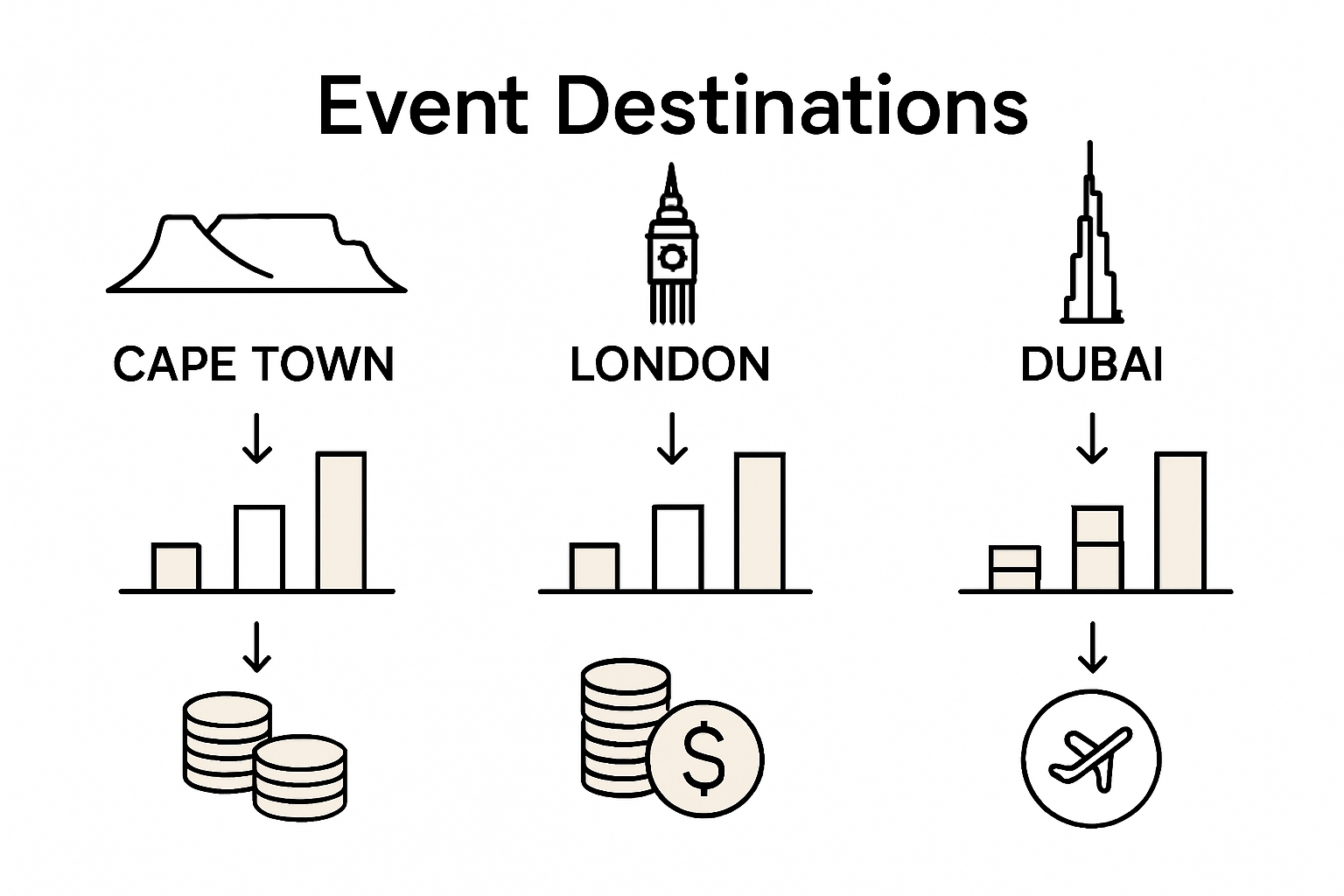 Infographic comparing Cape Town, London, Dubai event options