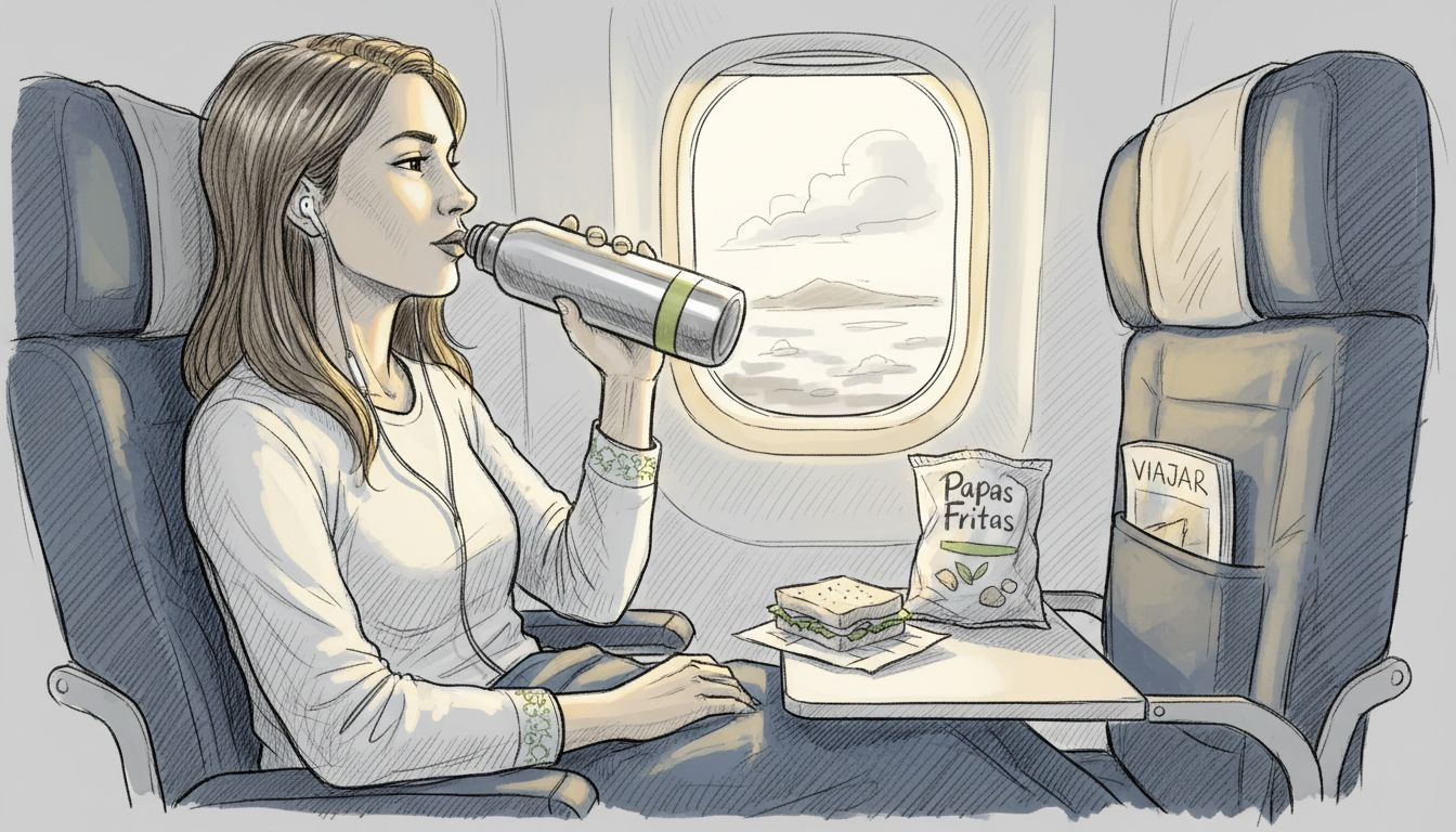 Un pasajero aprovecha el vuelo largo para mantenerse bien hidratado.