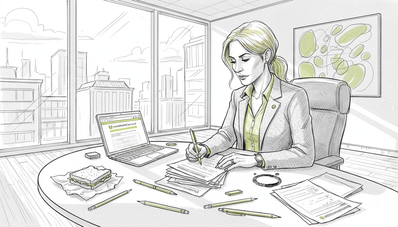 Woman filling insurance forms in sunlit office