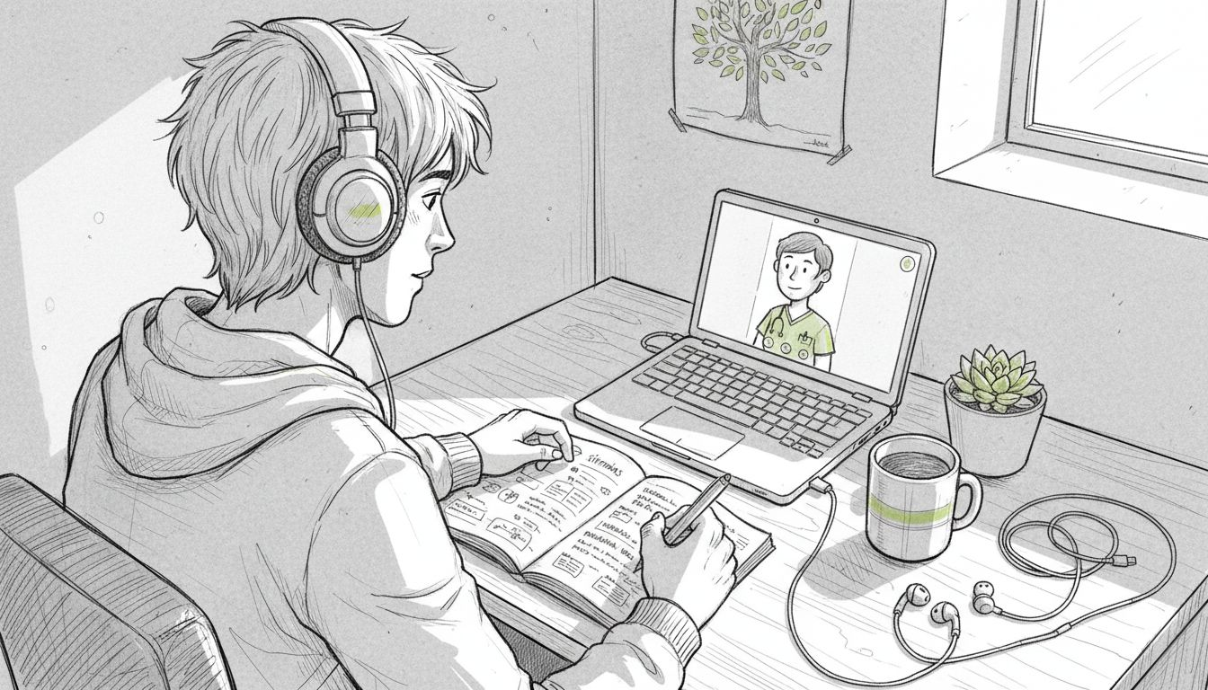 Una estudiante realiza una consulta médica por videollamada desde su residencia universitaria.