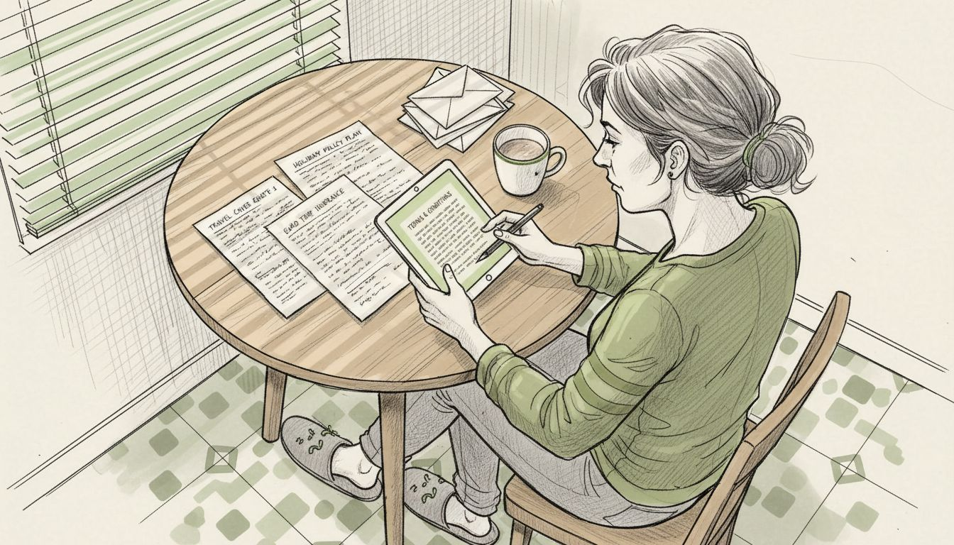Woman compares travel insurance quotes at table