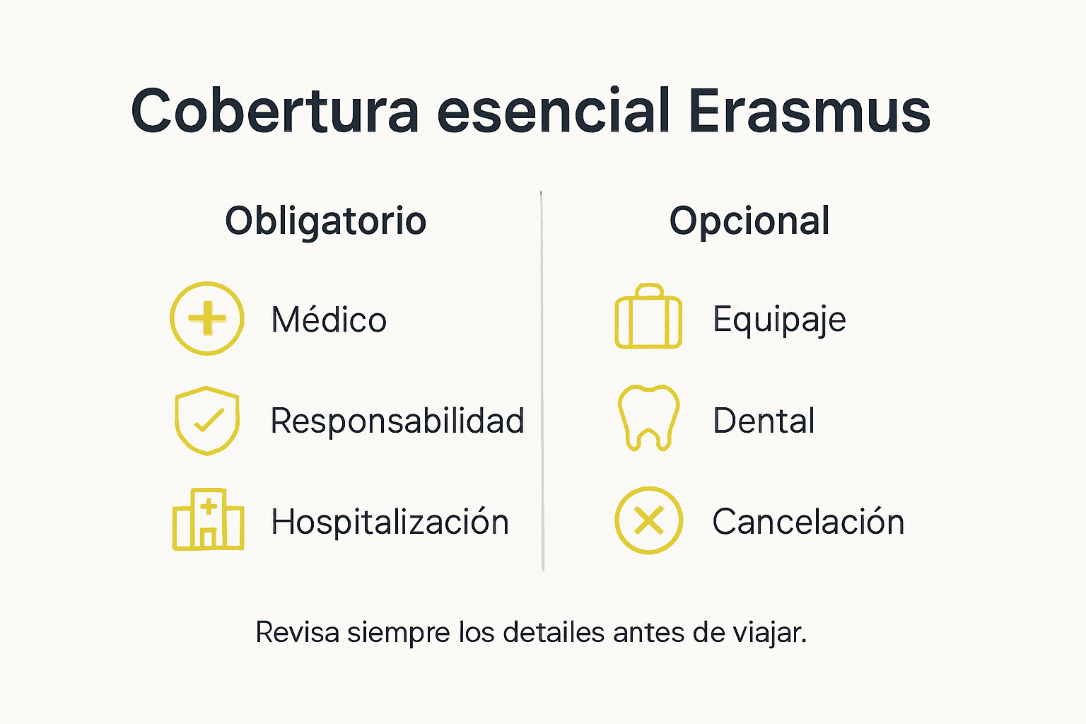 Resumen visual de las coberturas y requisitos del programa Erasmus