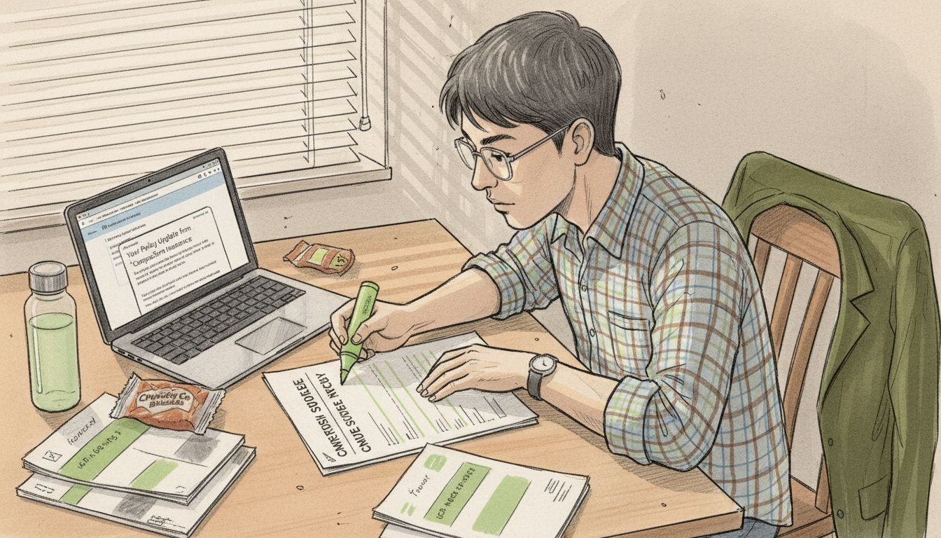 Student reading insurance policy in dorm room