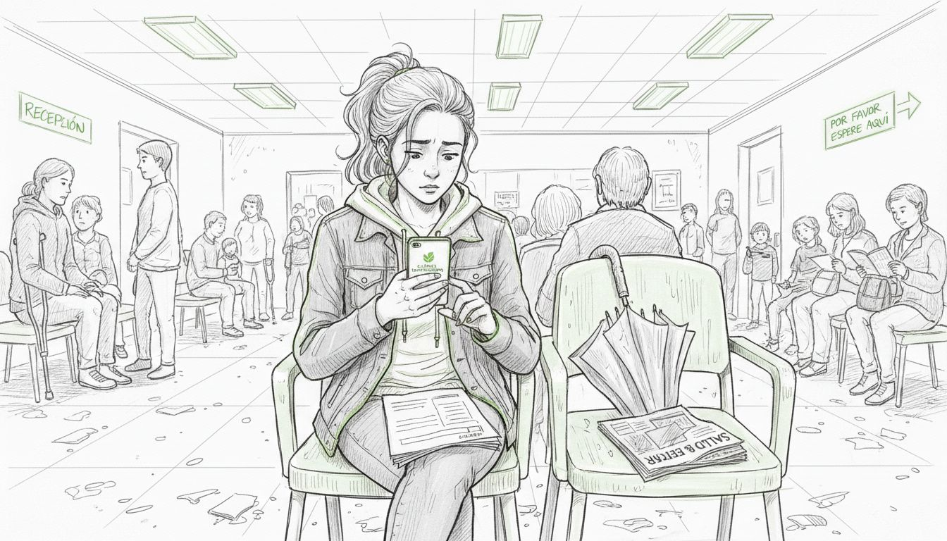 Joven esperando en clínica de salud universitaria