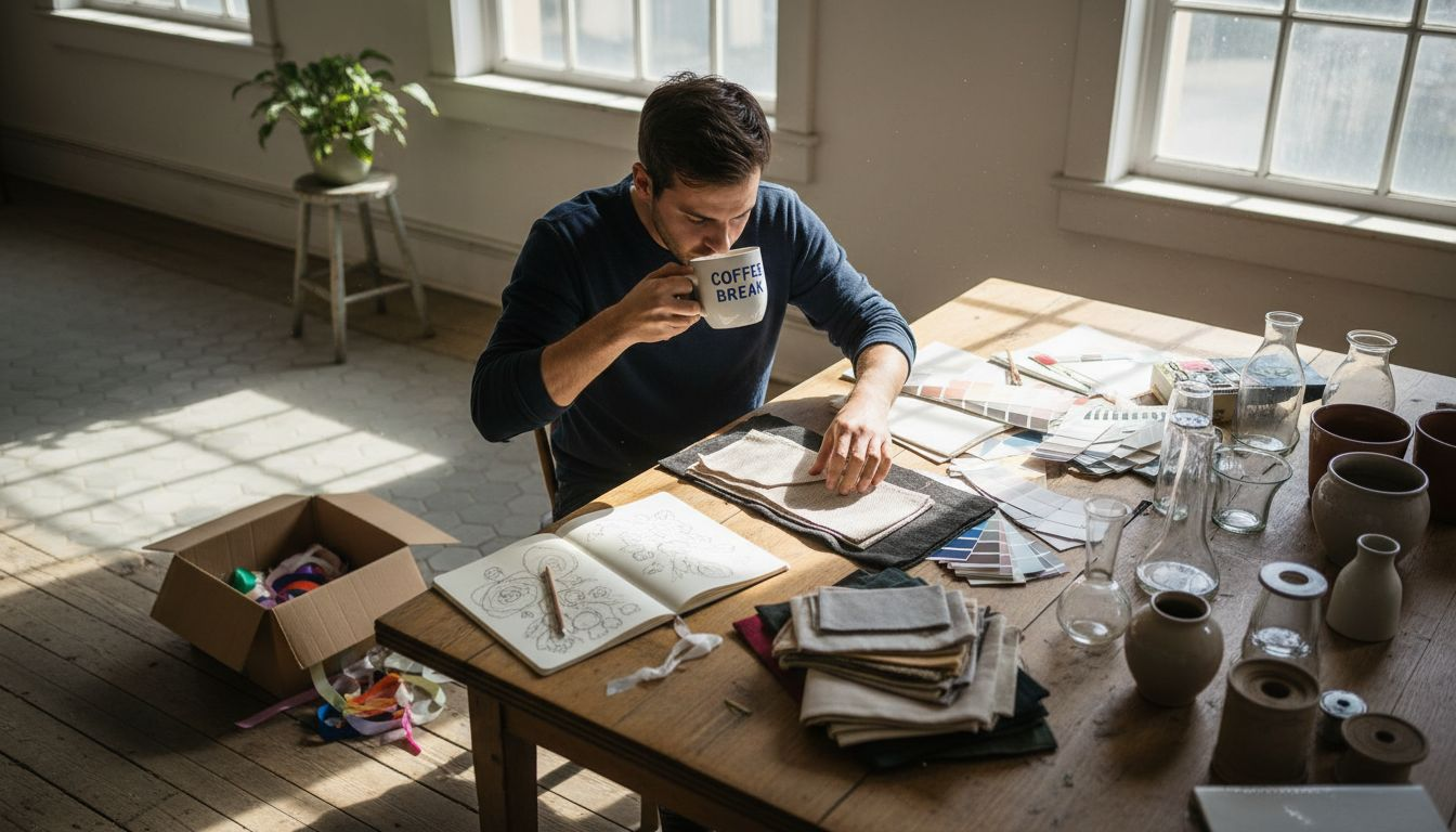 Designer sorting décor samples on studio table