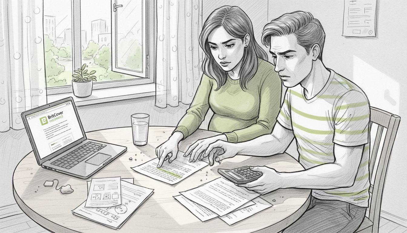 Couple reviewing pregnancy insurance forms at home