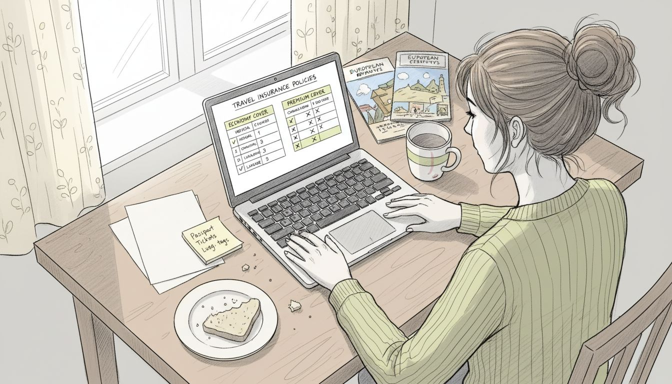 Traveler comparing insurance policies on laptop