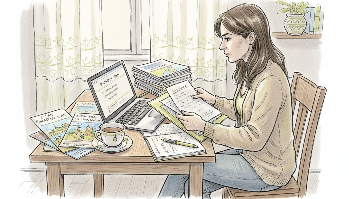 Mujer revisando los documentos de su seguro de viaje