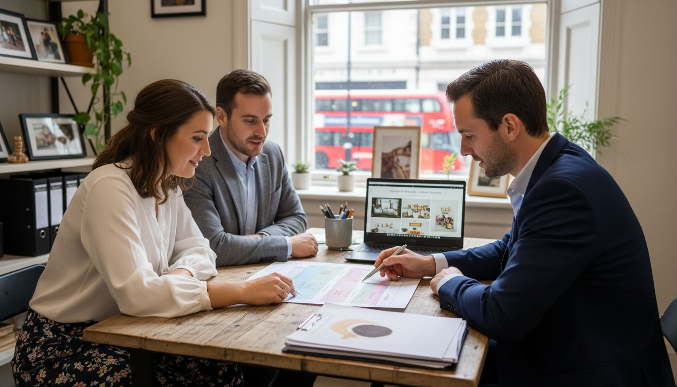 Event planner consulting with couple in office