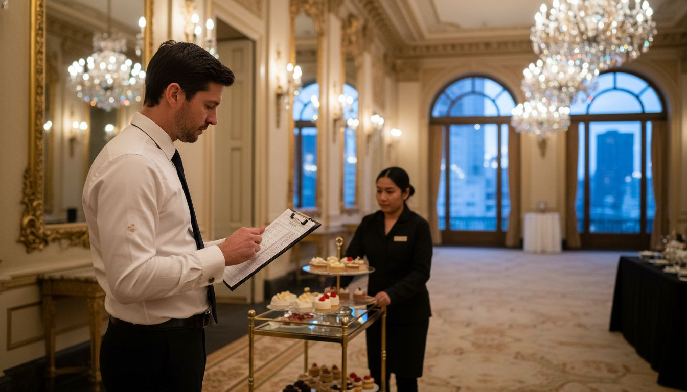 Coordinator reviewing event timeline at ballroom