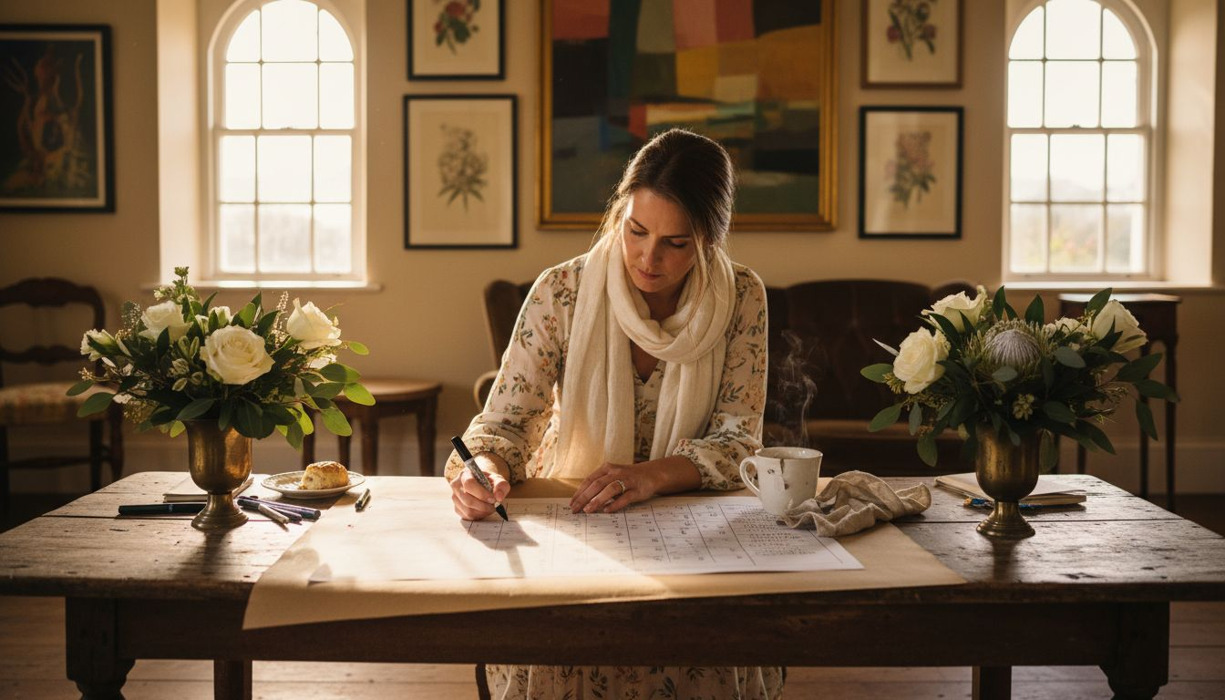 Wedding planner reviews hand-drawn seating chart