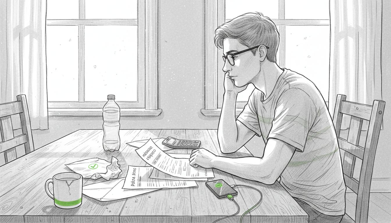 Un estudiante revisando y organizando papeles del seguro en la mesa de su piso