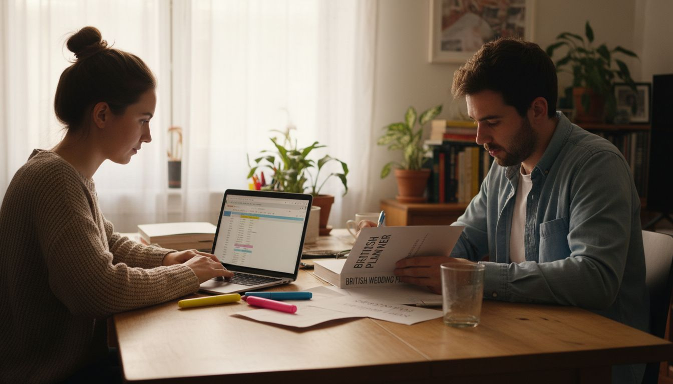 Couple customizing wedding planner with notes