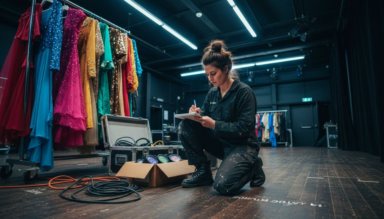 Designer notes backstage among costumes and lighting
