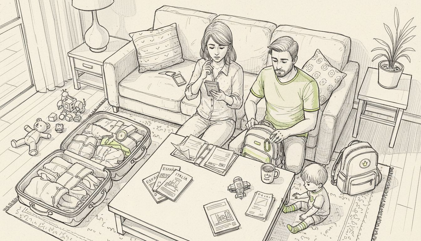 Una familia prepara toda la documentación y hace las maletas antes de salir de viaje.